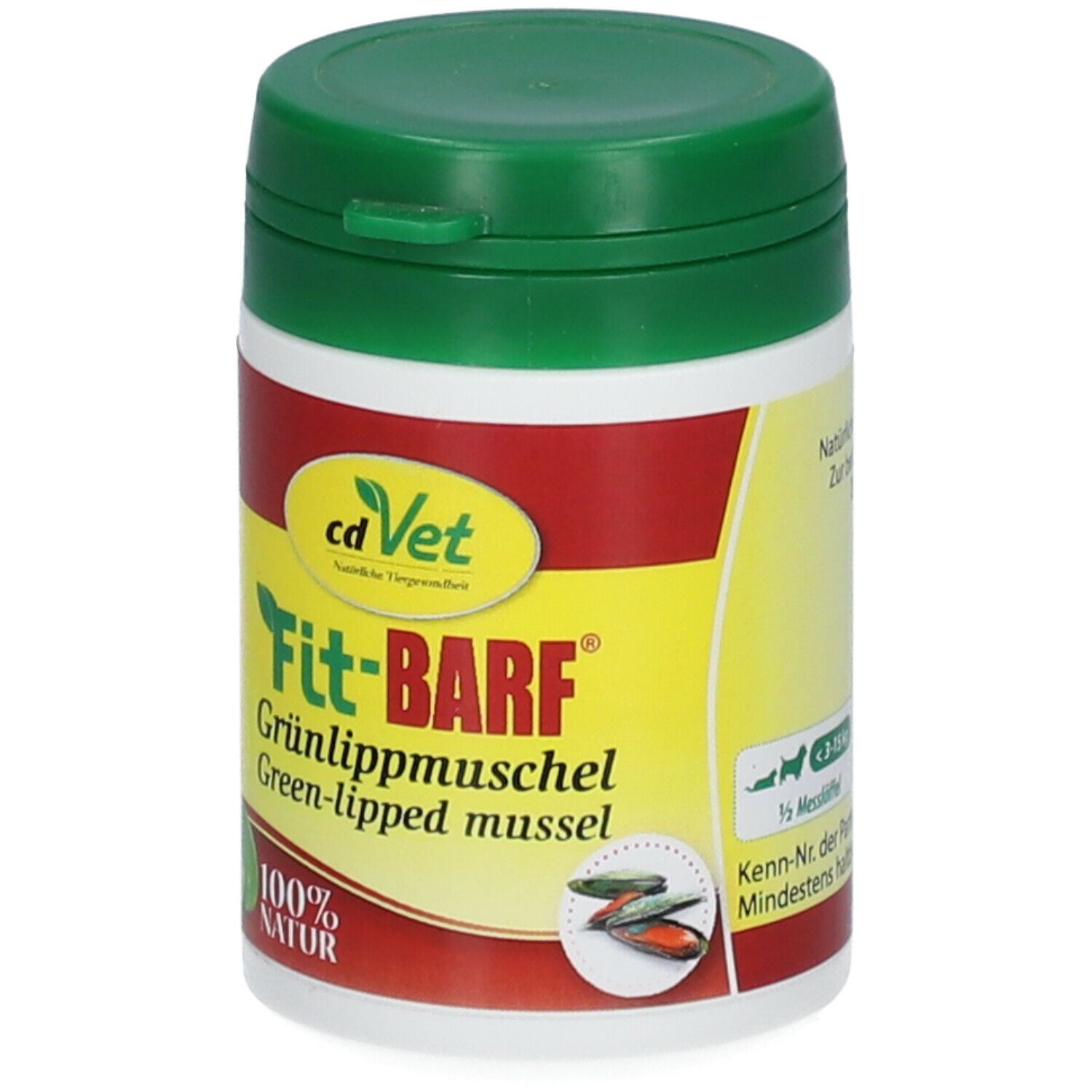 Behälter mit grünem Deckel. Aufschrift: Fit-BARF Grünlippmuschel. 100% Natur. cdVet Logo. Fütterungsempfehlung.