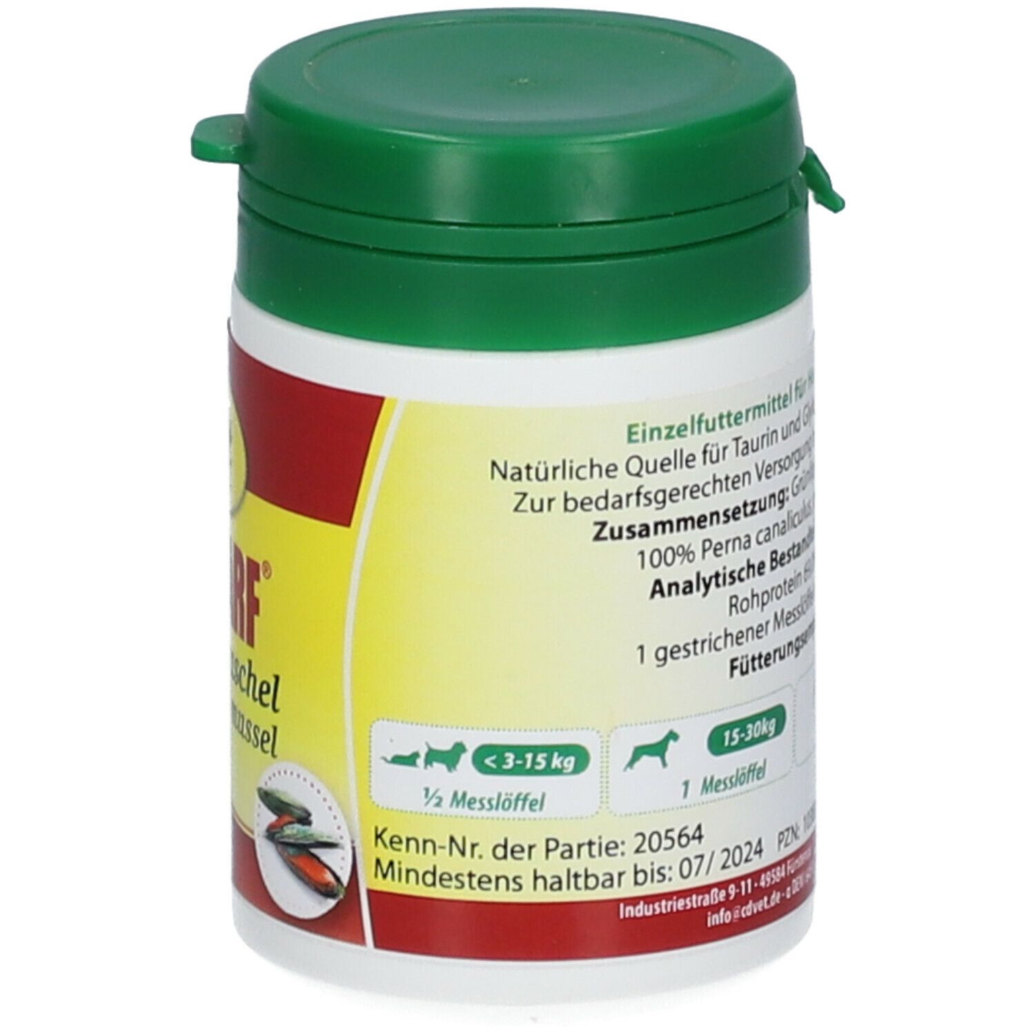 Behälter mit grünem Deckel. Aufschrift: Fit-BARF Grünlippmuschel. Fütterungsempfehlung. cdVet Logo.