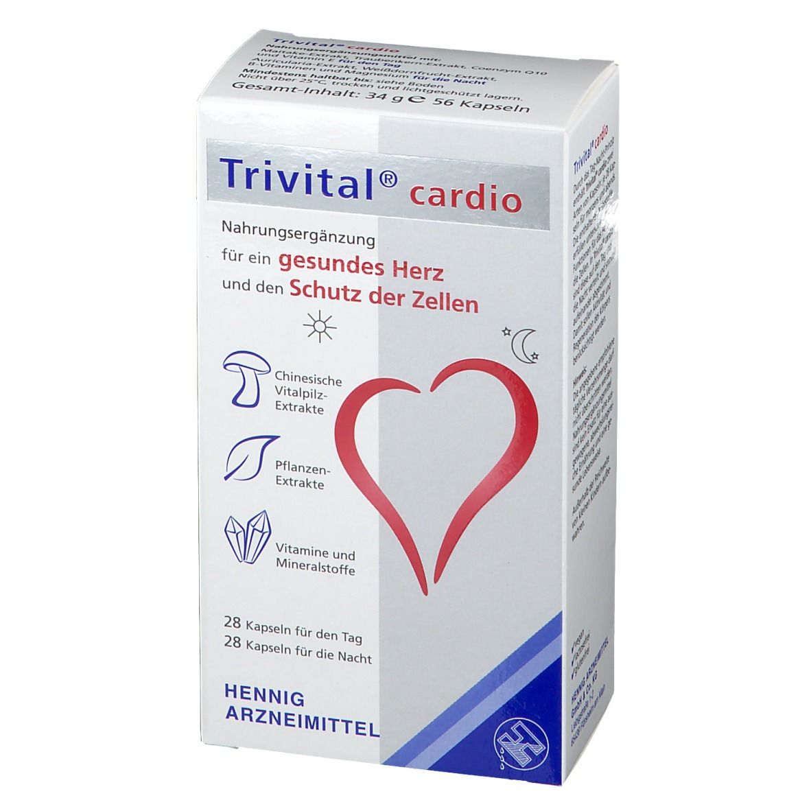 Weißer Karton mit Trivital® cardio. Roter Herz-Grafik. Text: Nahrungsergänzung, für ein gesundes Herz, Schutz der Zellen. 28 Kapseln für Tag/Nacht.