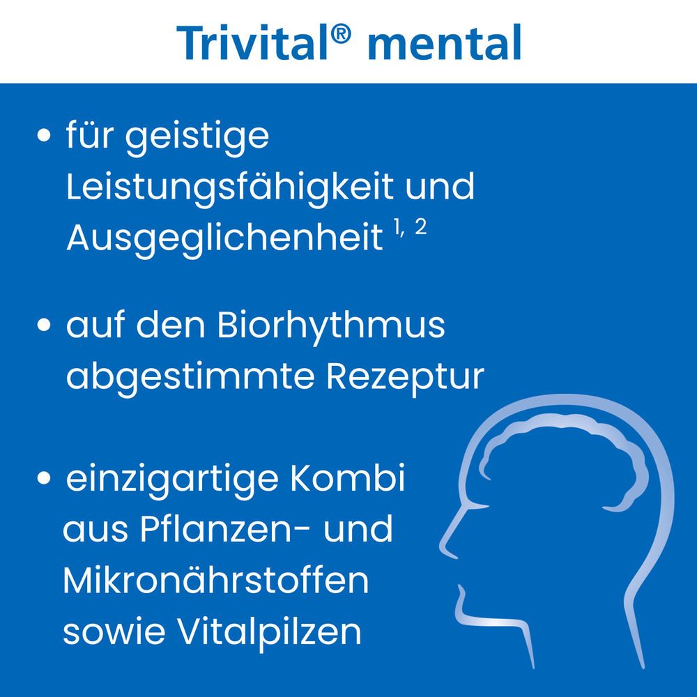 Trivital® mental-Produktinformationen. Text: Für geistige Leistungsfähigkeit und Ausgeglichenheit. Rezeptur für Biorhythmus.