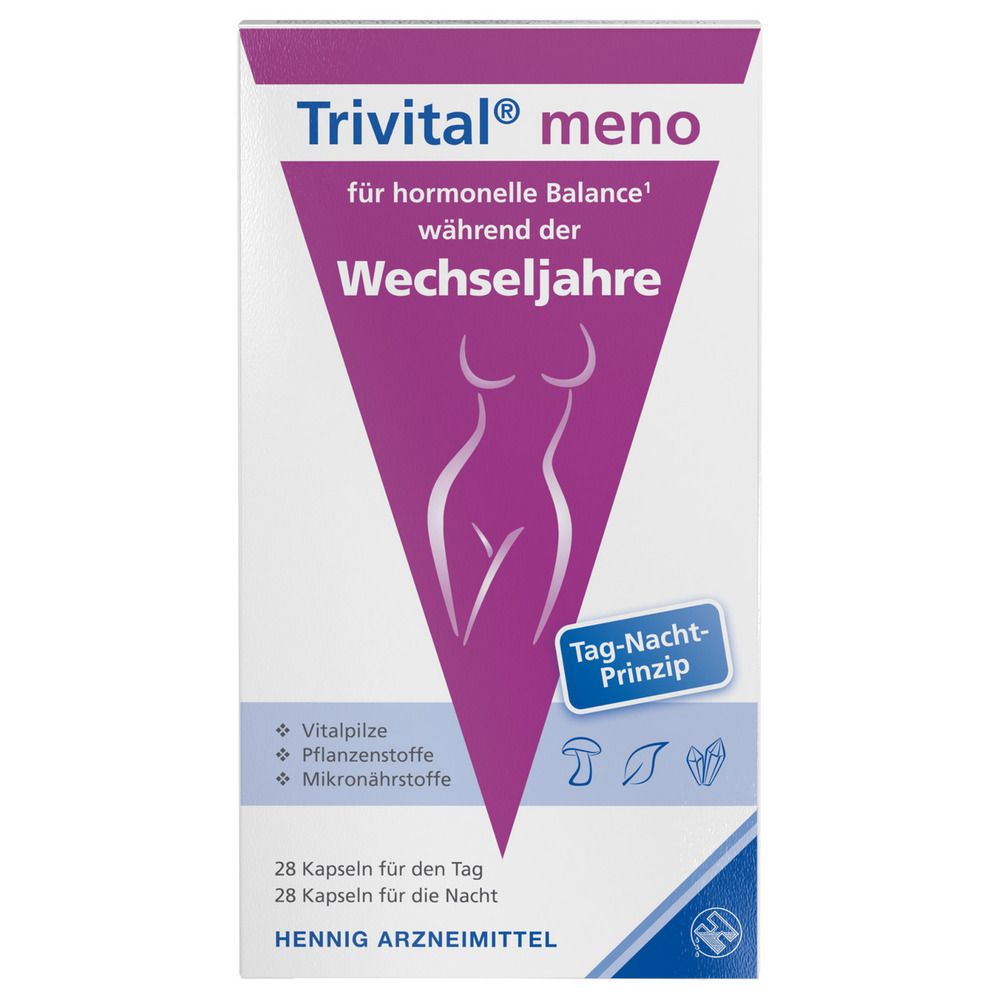 Verpackung von Trivital® meno. Weiß, mit lila Dreieck und Text. 28 Kapseln für Tag und Nacht. Hennig Arzneimittel.