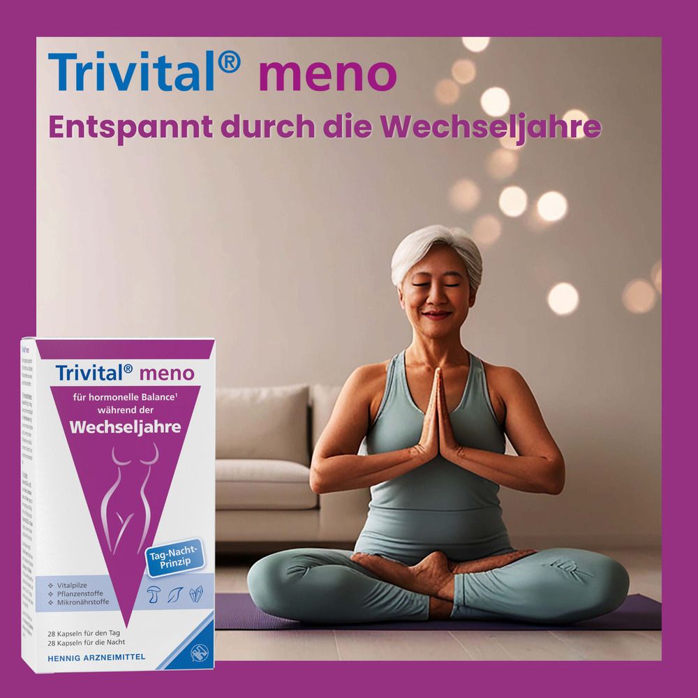 Frau sitzt im Schneidersitz. Neben ihr: Trivital® meno-Verpackung. Text: Entspannt durch die Wechseljahre. Lila Hintergrund.