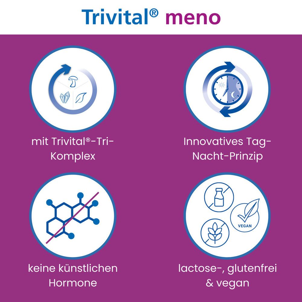 Lila Hintergrund mit Symbolen. Trivital®-Tri-Komplex, Tag-Nacht-Prinzip, keine künstlichen Hormone, lactosefrei & vegan.