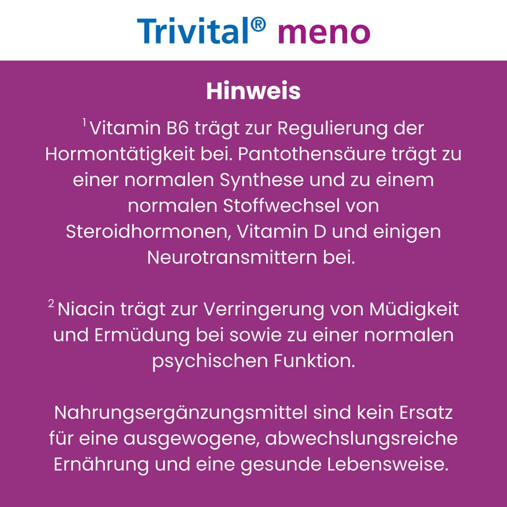 Lila Hintergrund. Text über Vitamin B6 und Niacin. Nahrungsergänzungsmittel-Hinweis. Text: Hinweis.