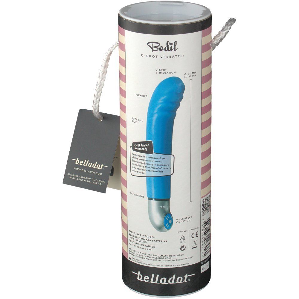 Zylindrische Verpackung. Blaues Vibrator-Modell. Aufschrift "Bodil G-Spot Vibrator". Produktinformationen und Logo.