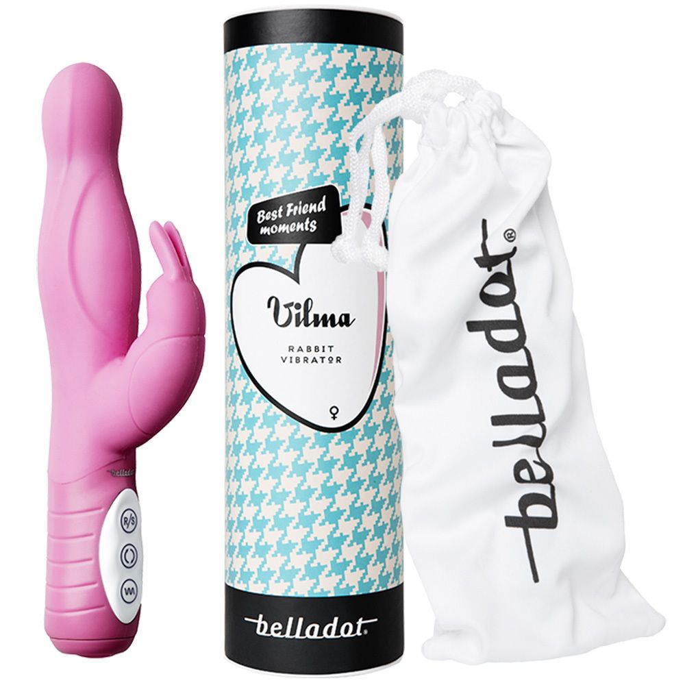 Rosa Vibrator mit Hasenohren, neben einer Verpackung mit Muster und einem Beutel. Auf der Verpackung steht "Vilma".