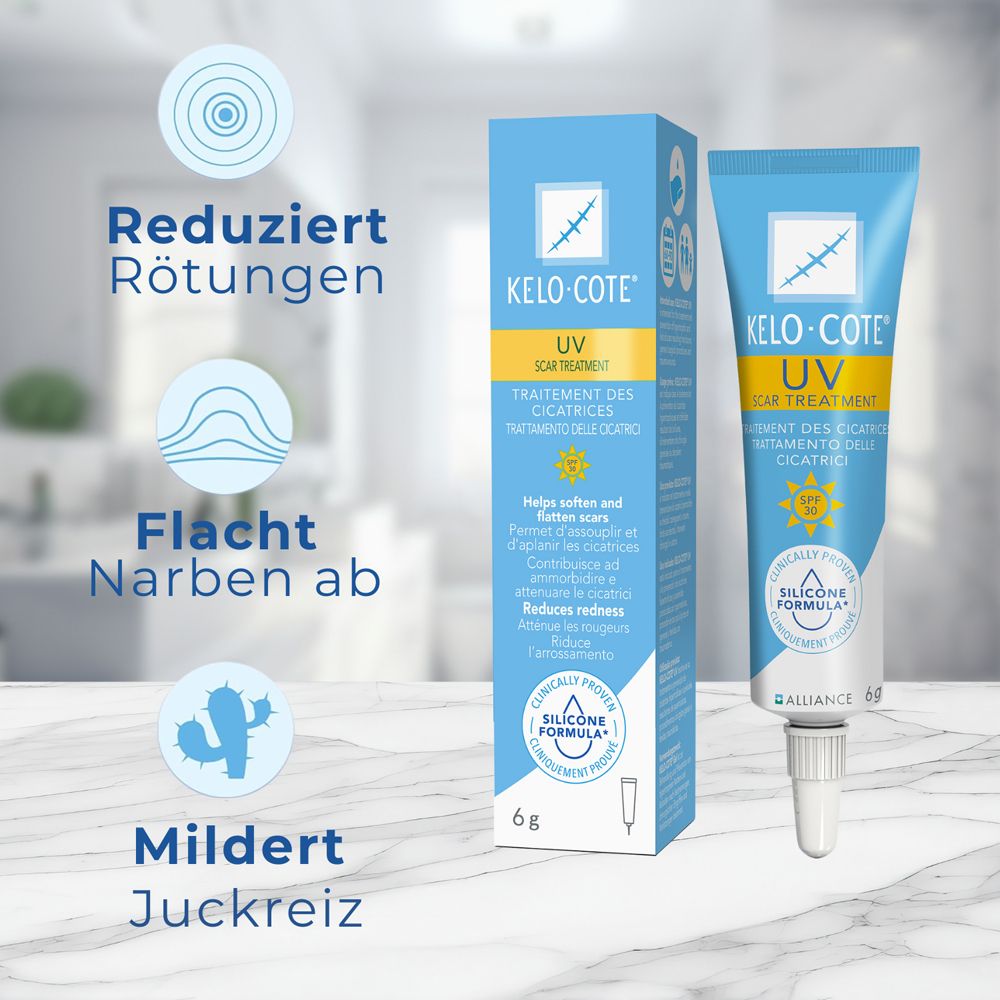 Produkt KELO-cote® UV mit Eigenschaften: Reduziert Rötungen, glättet Narben, mildert Juckreiz. 6g. Klinisch geprüft.