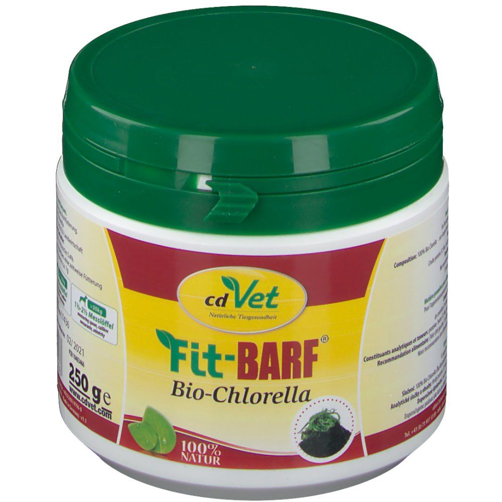 Weißer Behälter mit grünem Deckel. Aufschrift: cd Vet Fit-BARF Bio-Chlorella. 250 g. Mit Logo und Blättern.