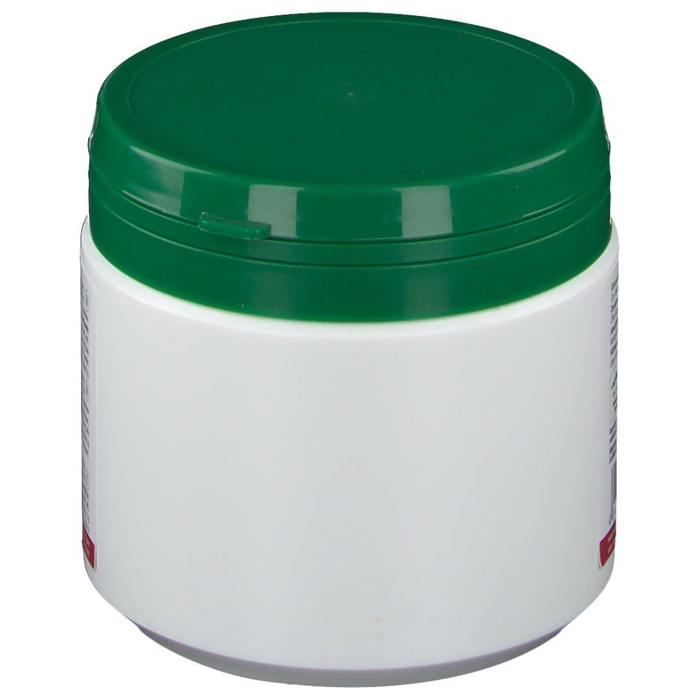 Weißer Behälter mit grünem Deckel. Seitenansicht. Keine weiteren Details sichtbar.