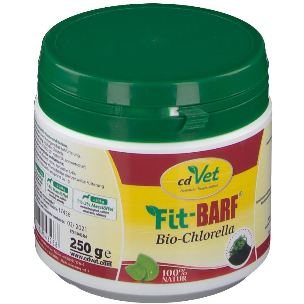 Weißer Behälter mit grünem Deckel. Aufschrift: cd Vet Fit-BARF Bio-Chlorella. 250 g. Mit Logo und Blättern. MHD 02/2021.