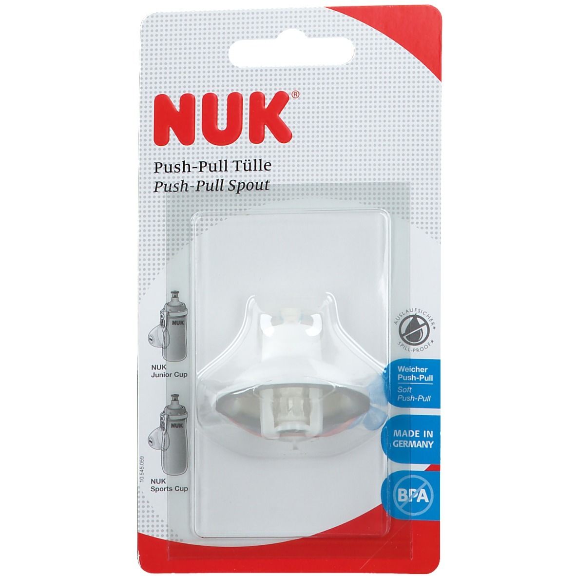 Verpackung mit weißer Trinktülle. Aufschrift "NUK Push-Pull Tülle". Abbildung von Flaschen.