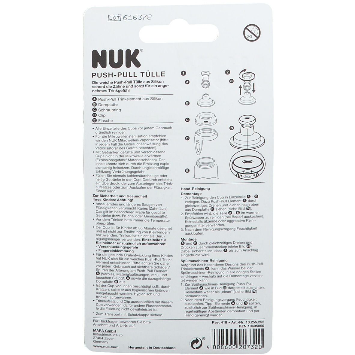 Rückseite der Verpackung mit Text und Illustrationen. Aufschrift "NUK Push-Pull Tülle".