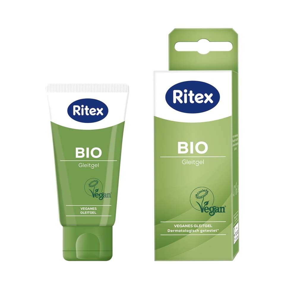 Tube und Verpackung. Tube: Ritex, BIO Gleitgel, Vegan-Siegel. Verpackung: Ritex, BIO Gleitgel, Vegan-Siegel.