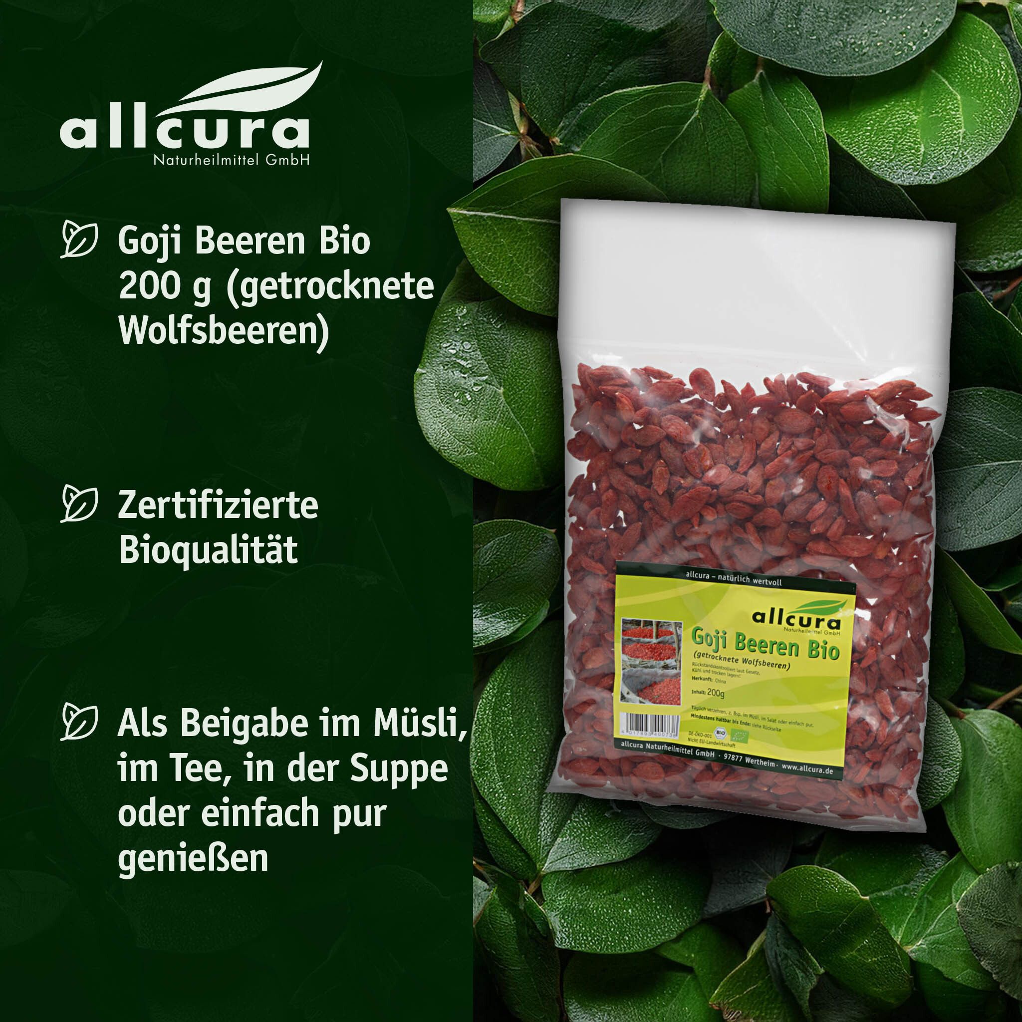 Gojibeeren-Packung in transparenter Tüte, umgeben von Blättern. Text: Goji Beeren Bio, 200g, Bioqualität.