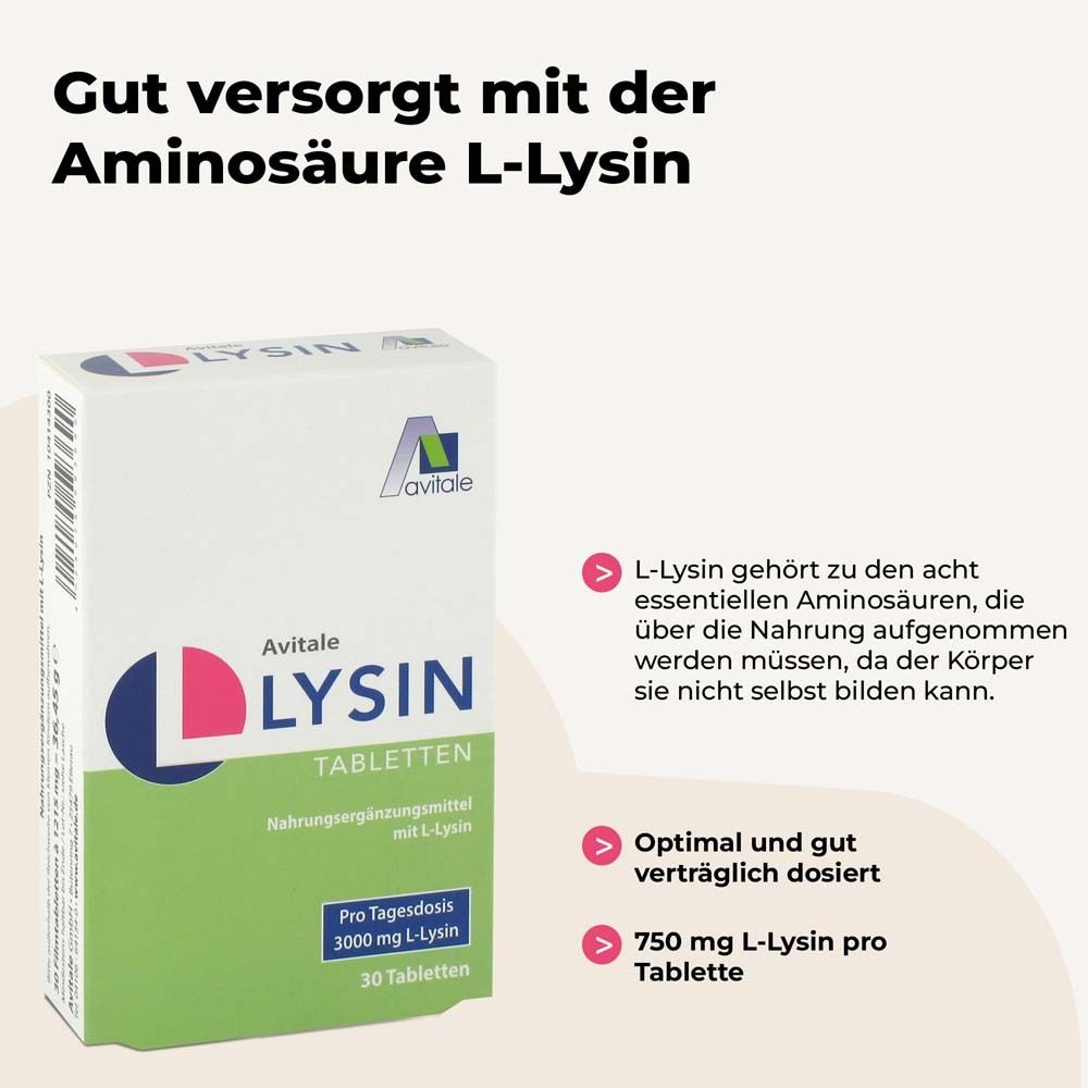 Schachtel mit Text und Logo. Text: L-Lysin gehört zu den acht essentiellen Aminosäuren. 750 mg L-Lysin pro Tablette. Optimal und gut verträglich dosiert.