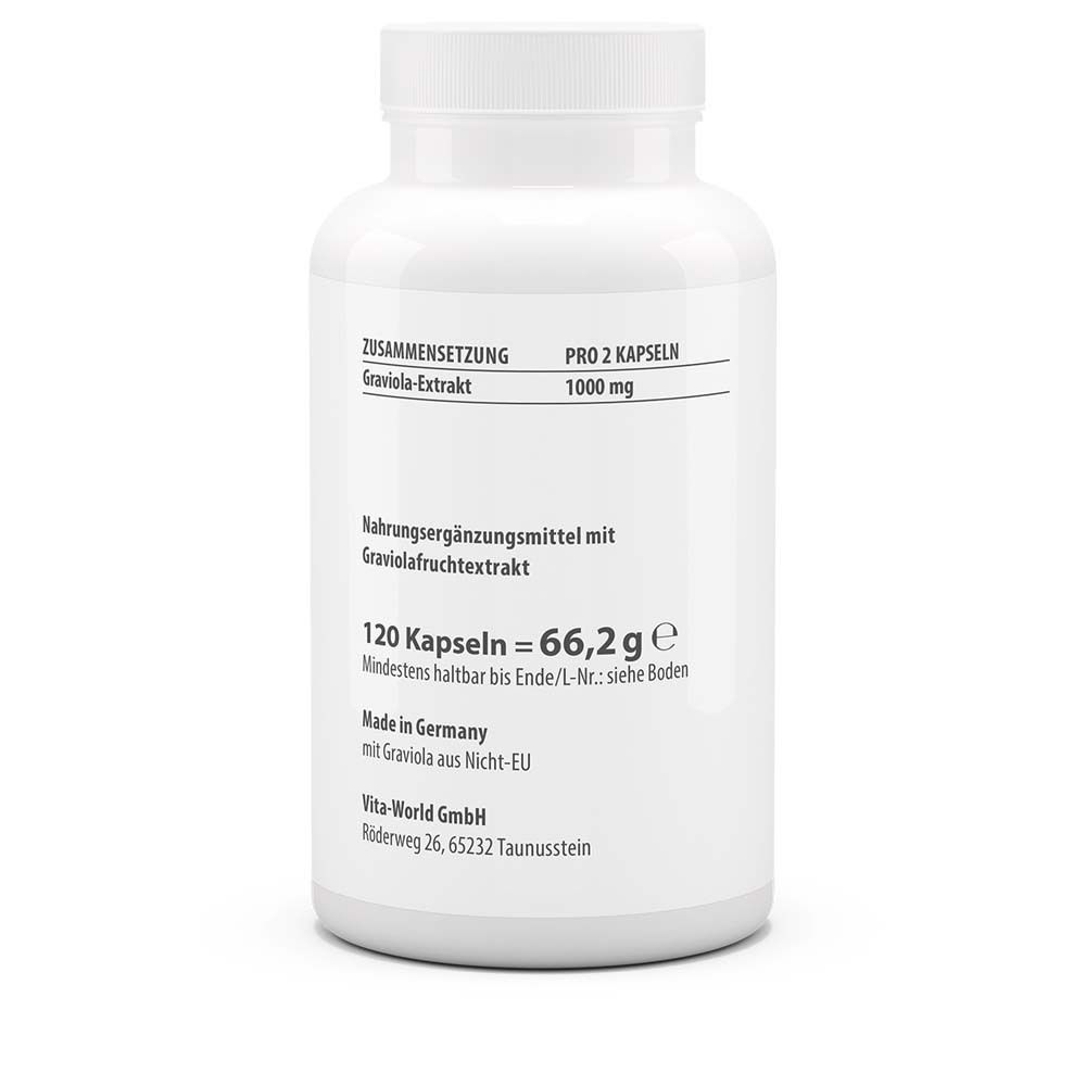 Rückseite der weißen Flasche. Text über Zusammensetzung, 120 Kapseln, 66,2 g. Hergestellt in Deutschland. Vita-World GmbH.