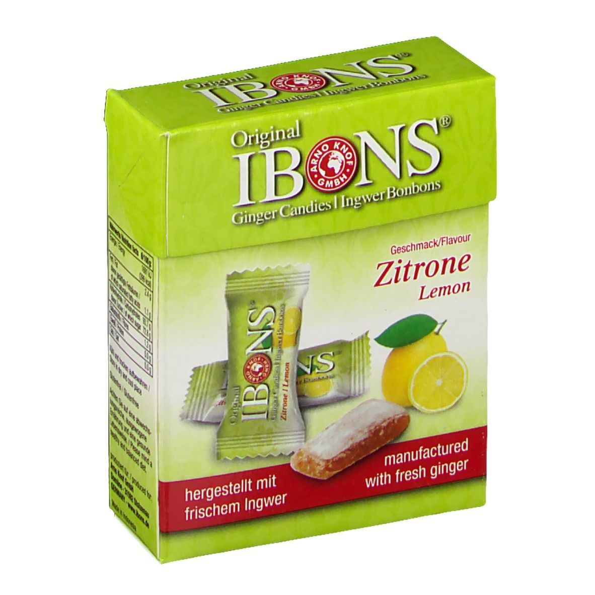Grüne Schachtel mit IBONS Ingwer-Zitrone Bonbons. Einzeln verpackte Bonbons und Zitrone-Abbildung.