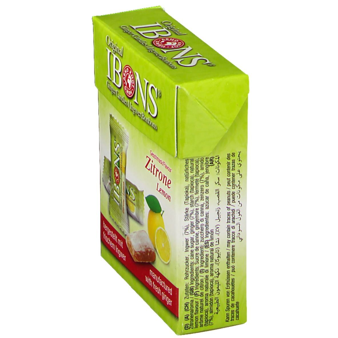 Schachtel IBONS Ingwer-Zitrone, grüne Verpackung. Einzeln verpackte Bonbons, Zitrone-Abbildung und Text.