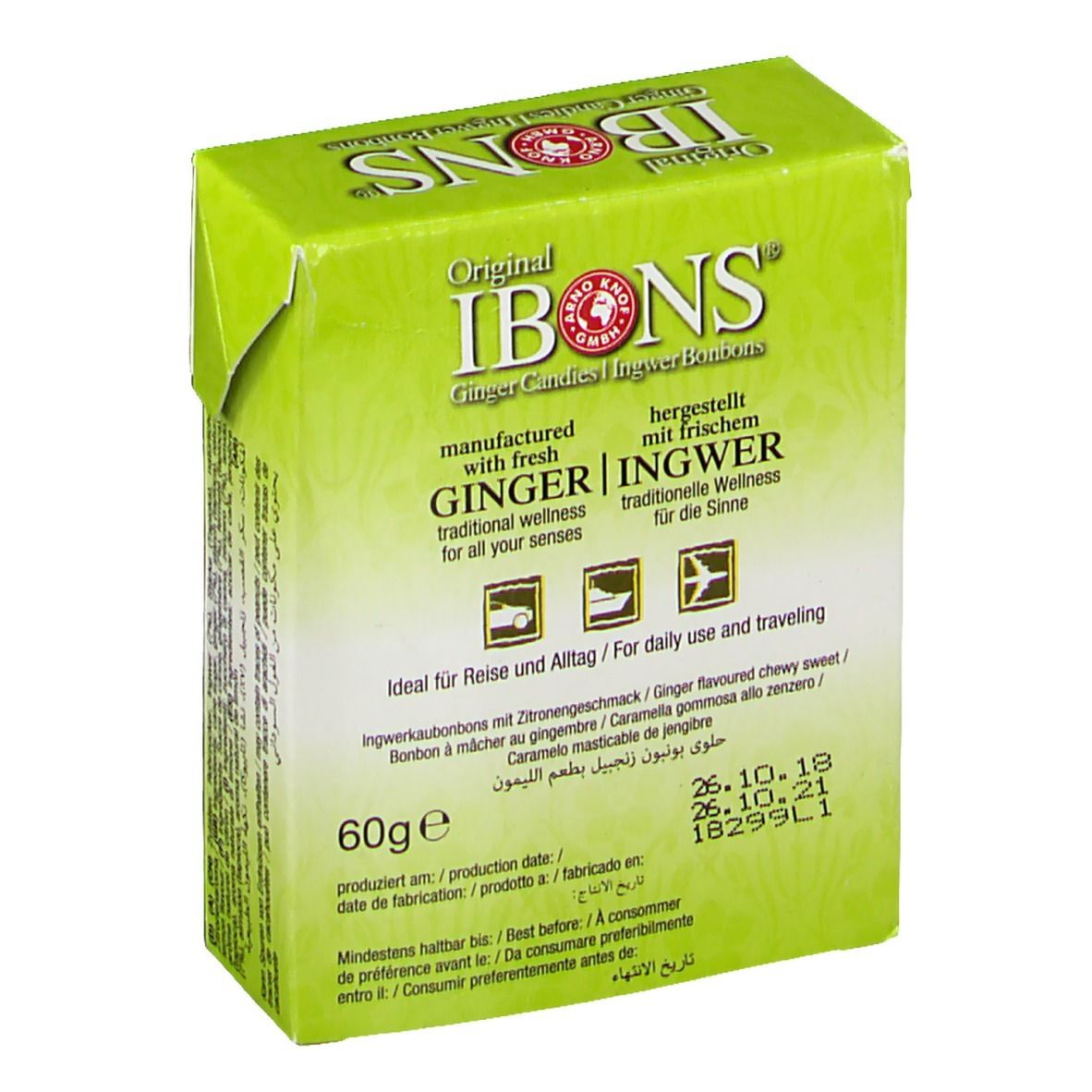 Grüne Schachtel mit IBONS Ingwer-Bonbons. Text: Ingwer, traditionelles Wellness, 60g, Haltbarkeitsdatum.