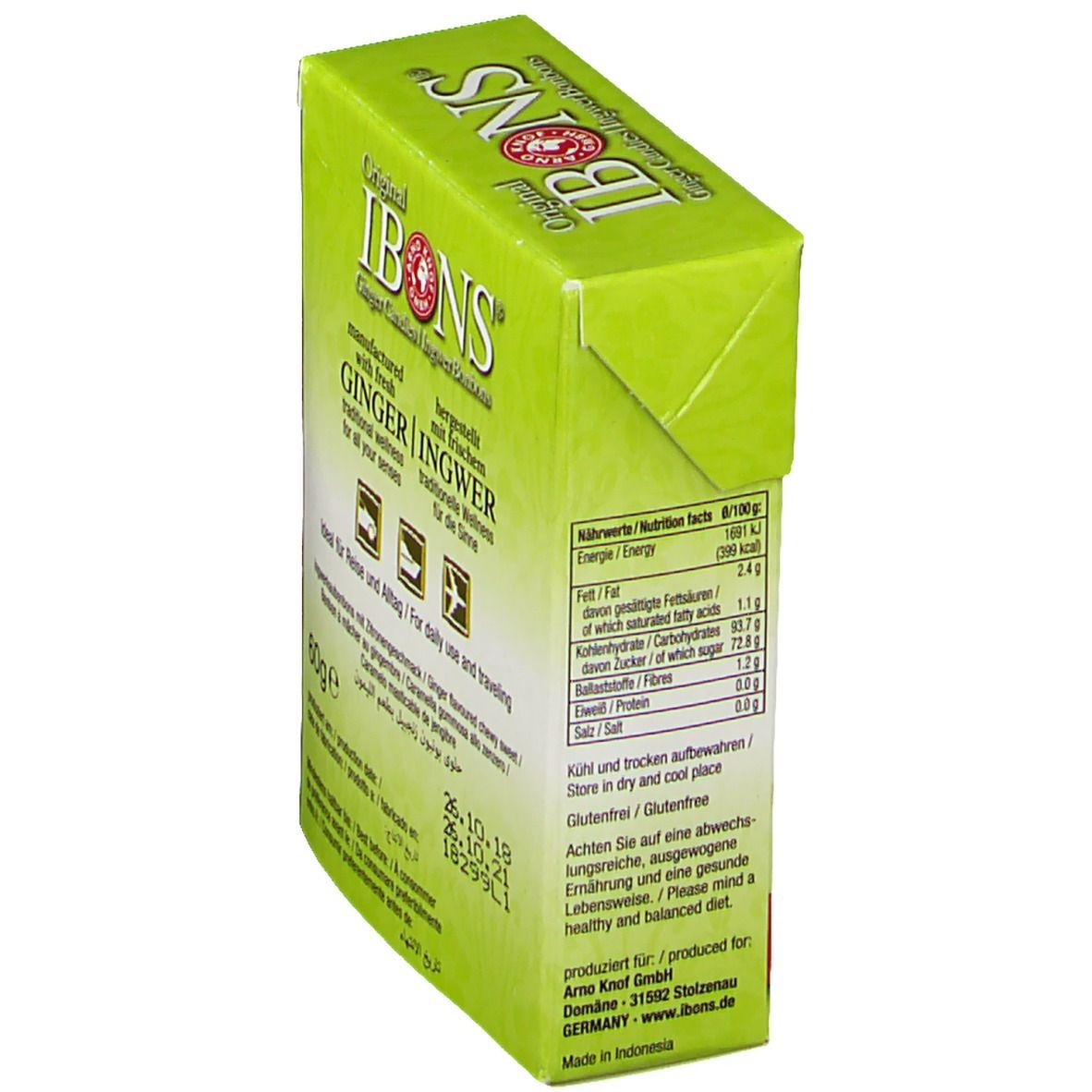 Grüne Schachtel IBONS Ingwer-Bonbons. Text: Ingwer, Nährwertangaben, glutenfrei, Mindesthaltbarkeit.