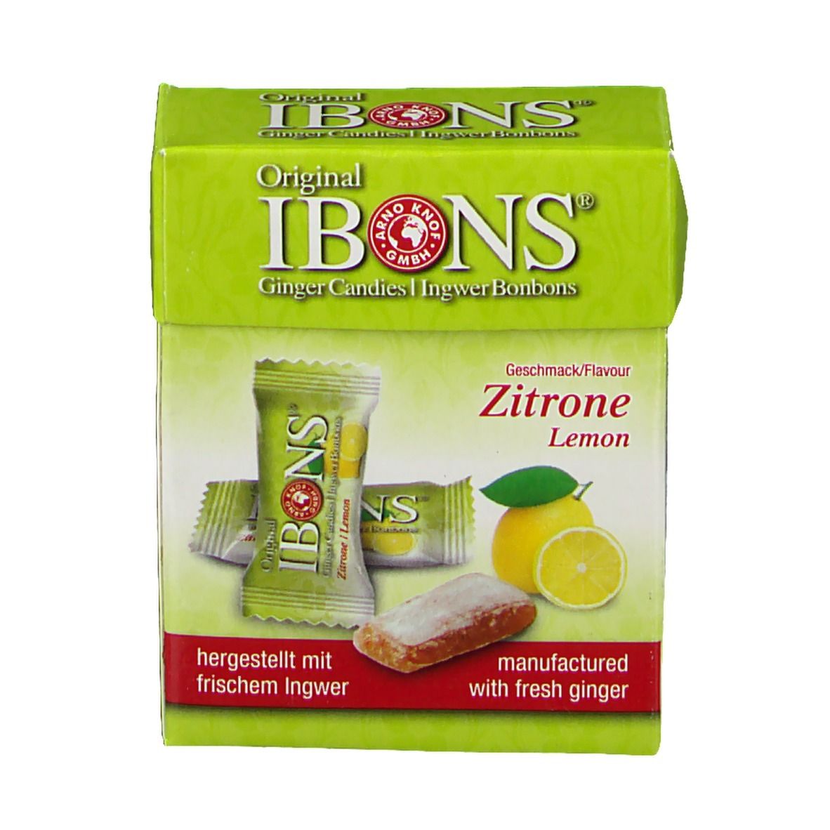 Grüne Schachtel mit IBONS Ingwer-Zitrone Bonbons. Einzeln verpackte Bonbons und Zitrone-Abbildung.