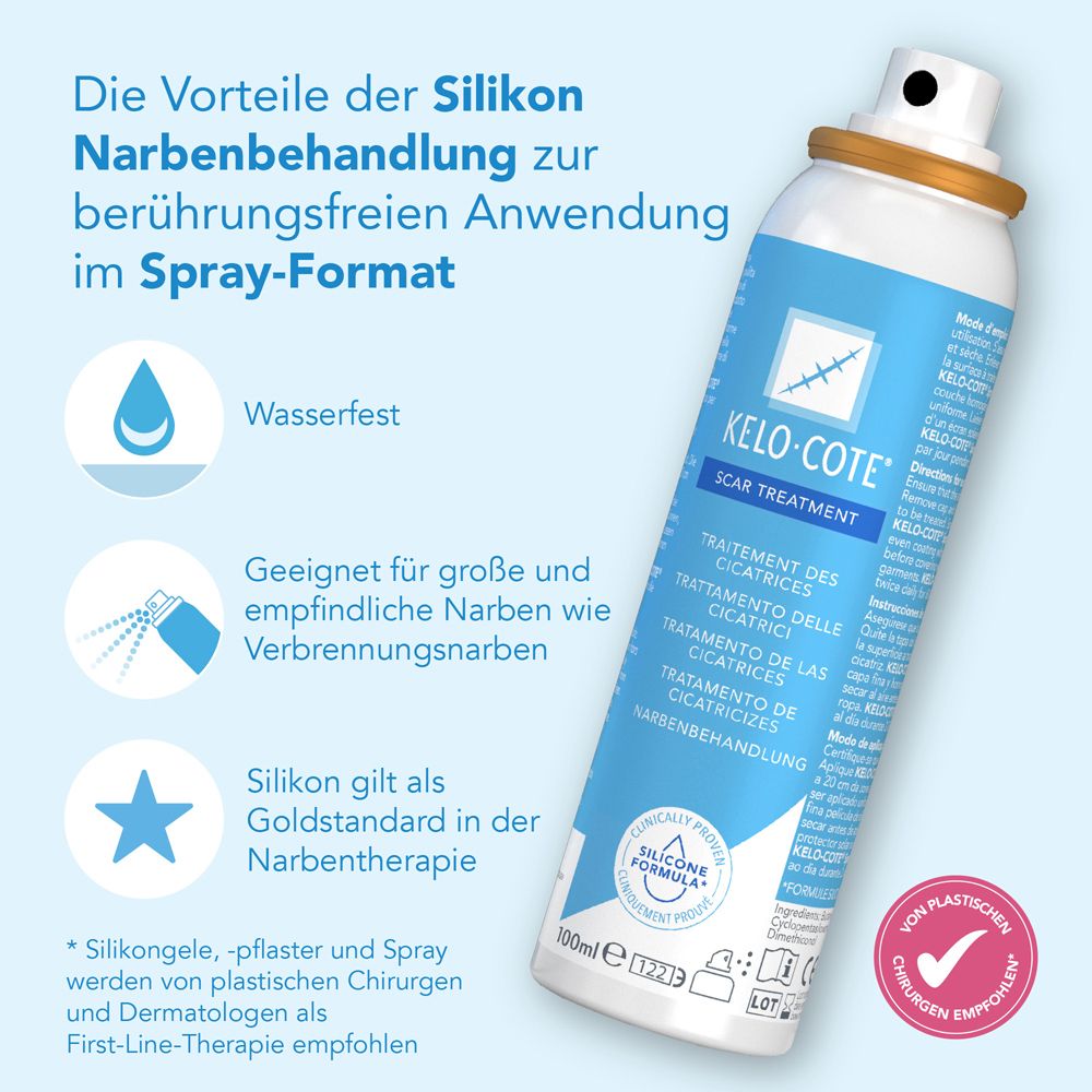 Kelo-cote® Spray. Sprayflasche mit Text und Logos. Grafiken zeigen Vorteile: wasserfest, Narbenbehandlung.