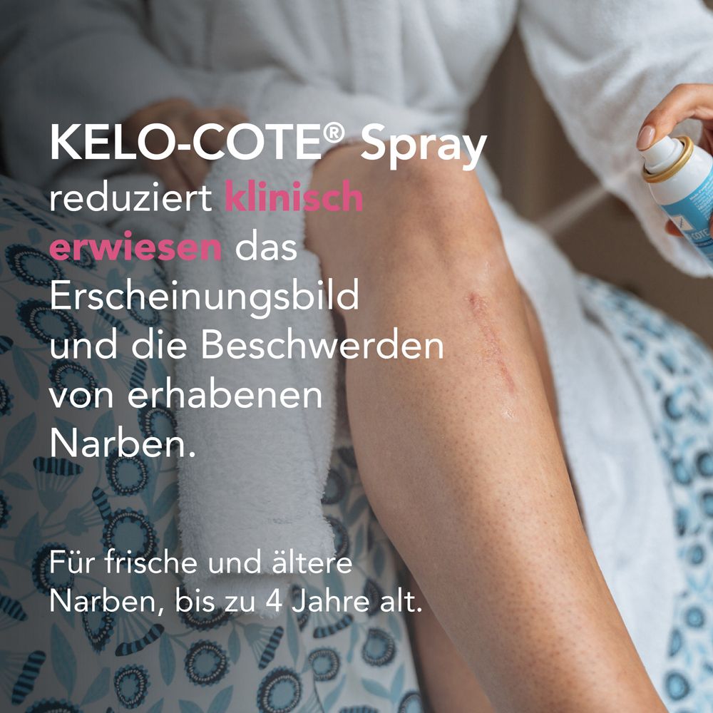 Kelo-cote® Spray auf Bein. Sprayflasche in der Hand. Text: reduziert klinisch das Erscheinungsbild von Narben.