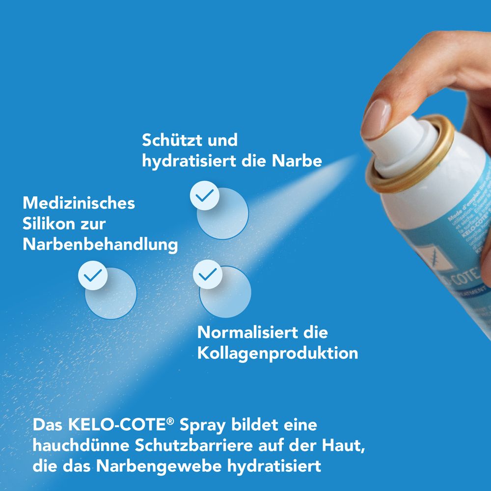 Kelo-cote® Spray. Nahaufnahme. Text: schützt und hydratisiert die Narbe, normalisiert die Kollagenproduktion.