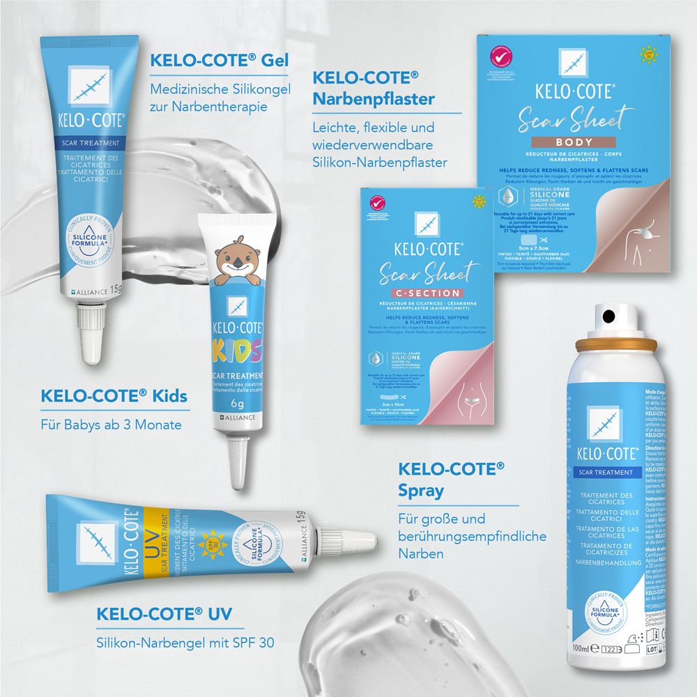 Kelo-cote® Produktpalette. Gele, Pflaster, Scar Sheet, Spray und UV-Gel. Für Narbenbehandlung.