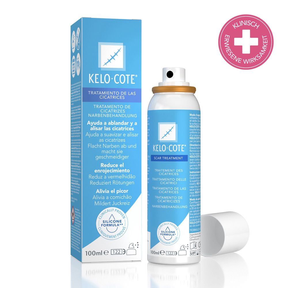 Kelo-cote® Spray und Verpackung. Blaue Verpackung mit Produktnamen und Text. Sprayflasche daneben.