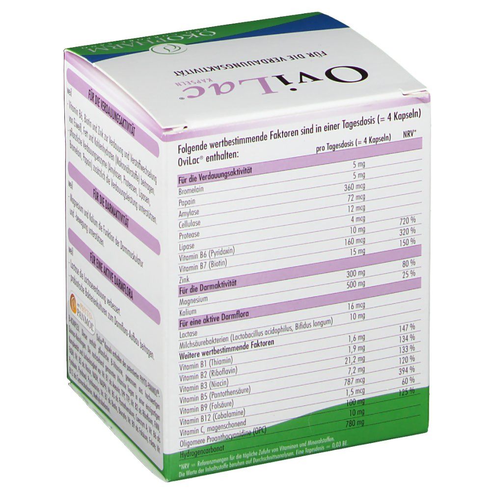 OviLac® Kapseln-Verpackung. Box mit Inhaltsstoffliste und Nährwertangaben. Text in deutscher Sprache. 120 Kapseln.