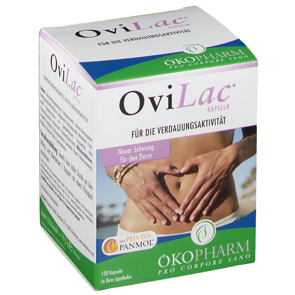 OviLac® Kapseln-Verpackung. Box mit Produktnamen, Text und Abbildung einer Person, die sich den Bauch hält. 120 Kapseln.