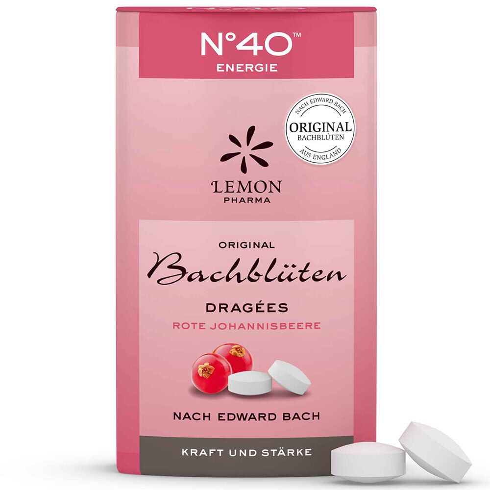 Rosa Verpackung mit "N°40 Energie" und "Original Bachblüten Dragees". Rote Johannisbeere-Abbildung und Tabletten.