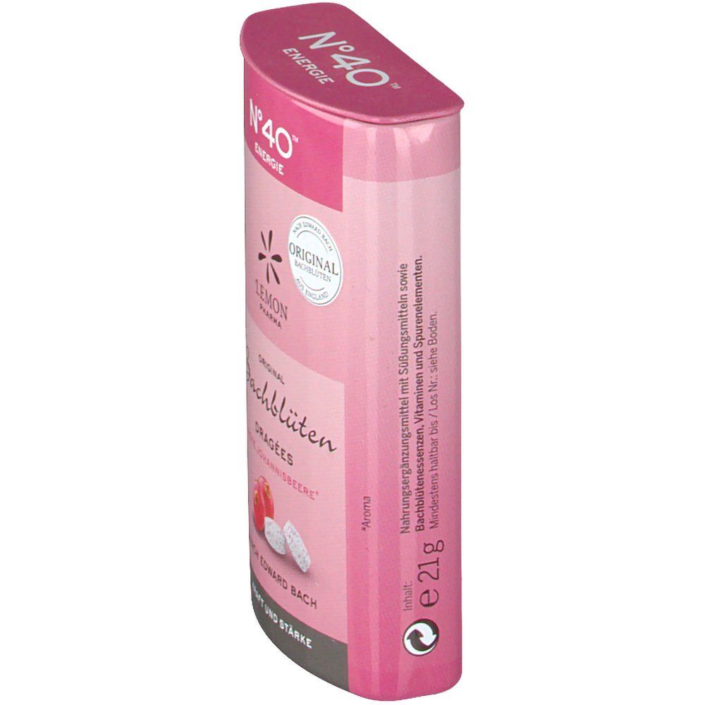 Zylindrische, rosa Verpackung mit "N°40 Energie" und "Original Bachblüten Dragees". Tabletten liegen daneben.