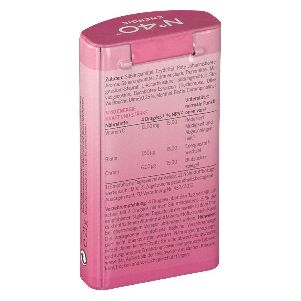 Rückseite der rosa Verpackung mit Inhaltsstoffen und Nährwertangaben. Text in deutscher Sprache.