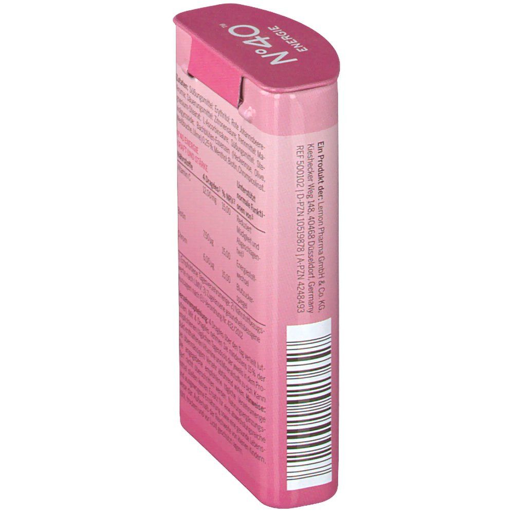 Schrägansicht der rosa Verpackung mit Text. Enthält Informationen über den Hersteller und Inhaltsstoffe.