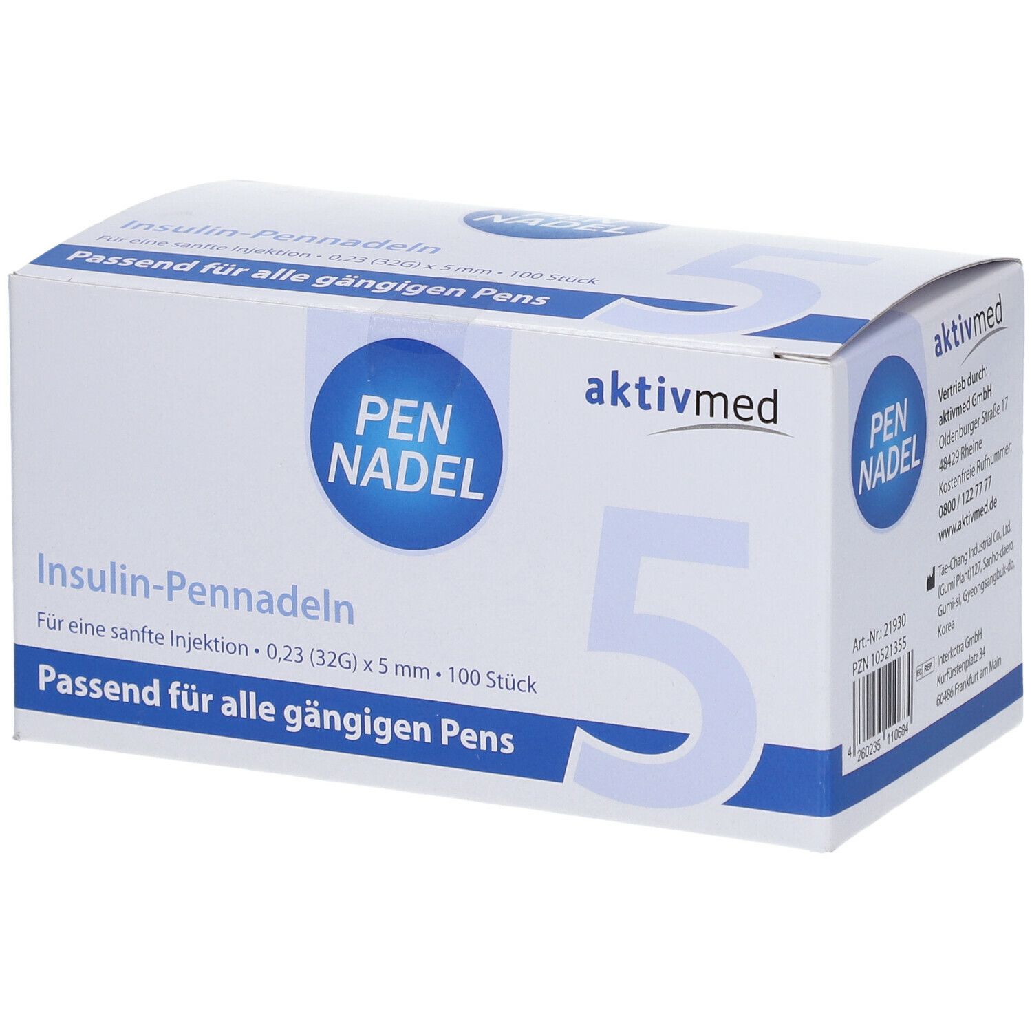 Weißer Karton mit blauer Aufschrift PEN NADEL und aktivmed Logo. Enthält Insulin-Pennadeln. Große 5 auf der Seite.