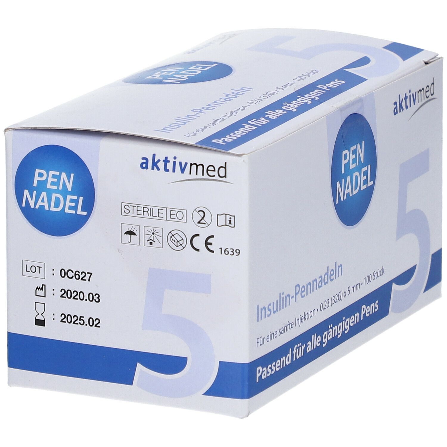 Weißer Karton mit blauer Aufschrift PEN NADEL und aktivmed Logo. Enthält Insulin-Pennadeln. Steril-Kennzeichnung und CE-Zeichen.