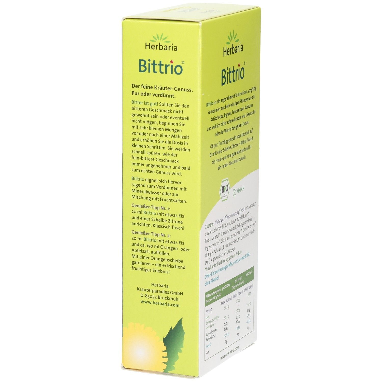 Produktverpackung. Aufschrift: Herbaria Bittrio. Text auf der Rückseite. Bio-Siegel. 250 ml. Detailansicht.