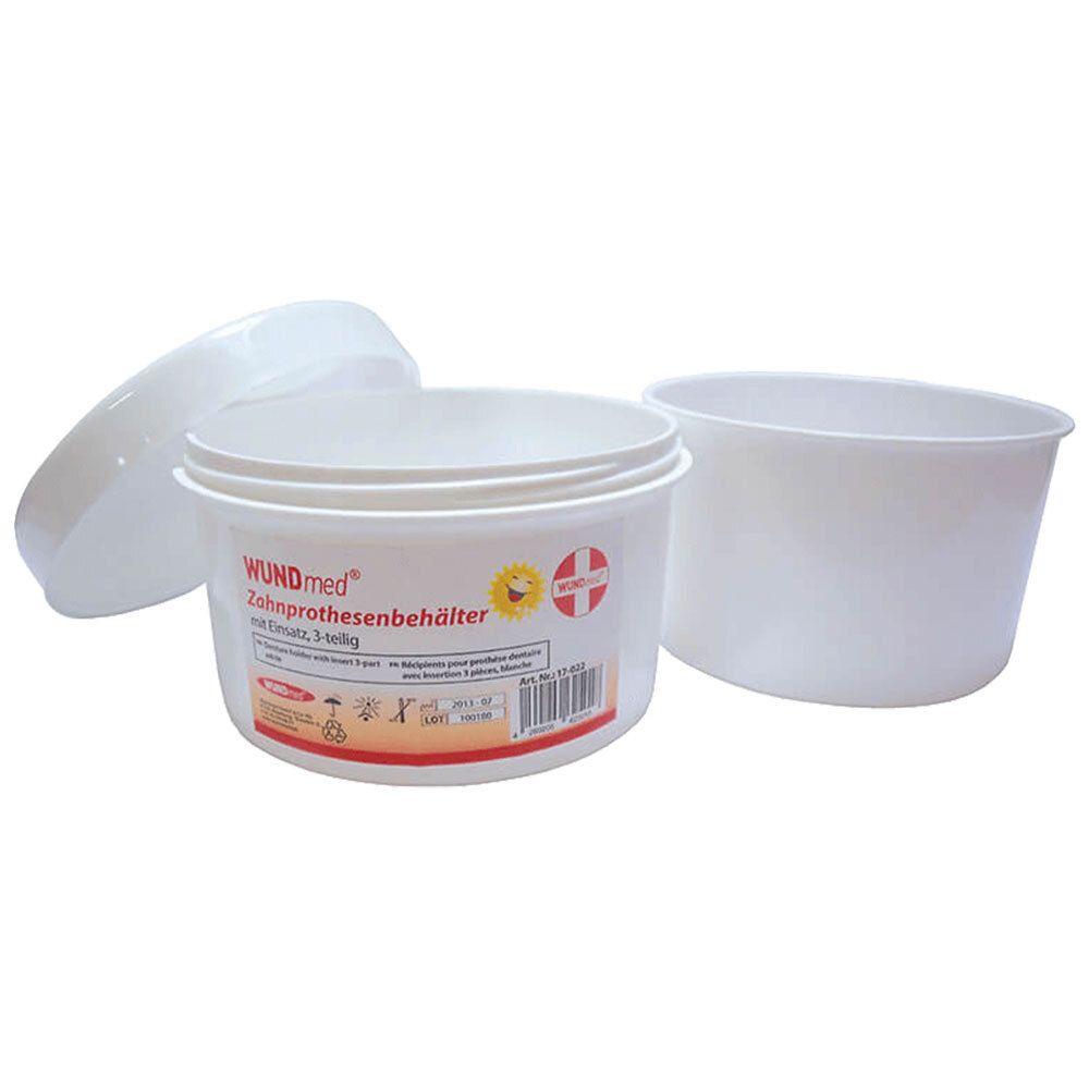 Weißer Zahnprothesenbehälter mit Deckel. Aufschrift: WUNDmed Zahnprothesenbehälter. Runder Behälter, Deckel daneben.