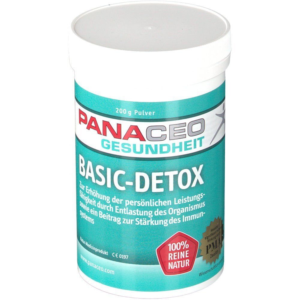 Weißer Behälter mit PANACEO Basic-Detox-Pulver. Türkis-weiße Etikettierung mit Produktinformationen und Logo.