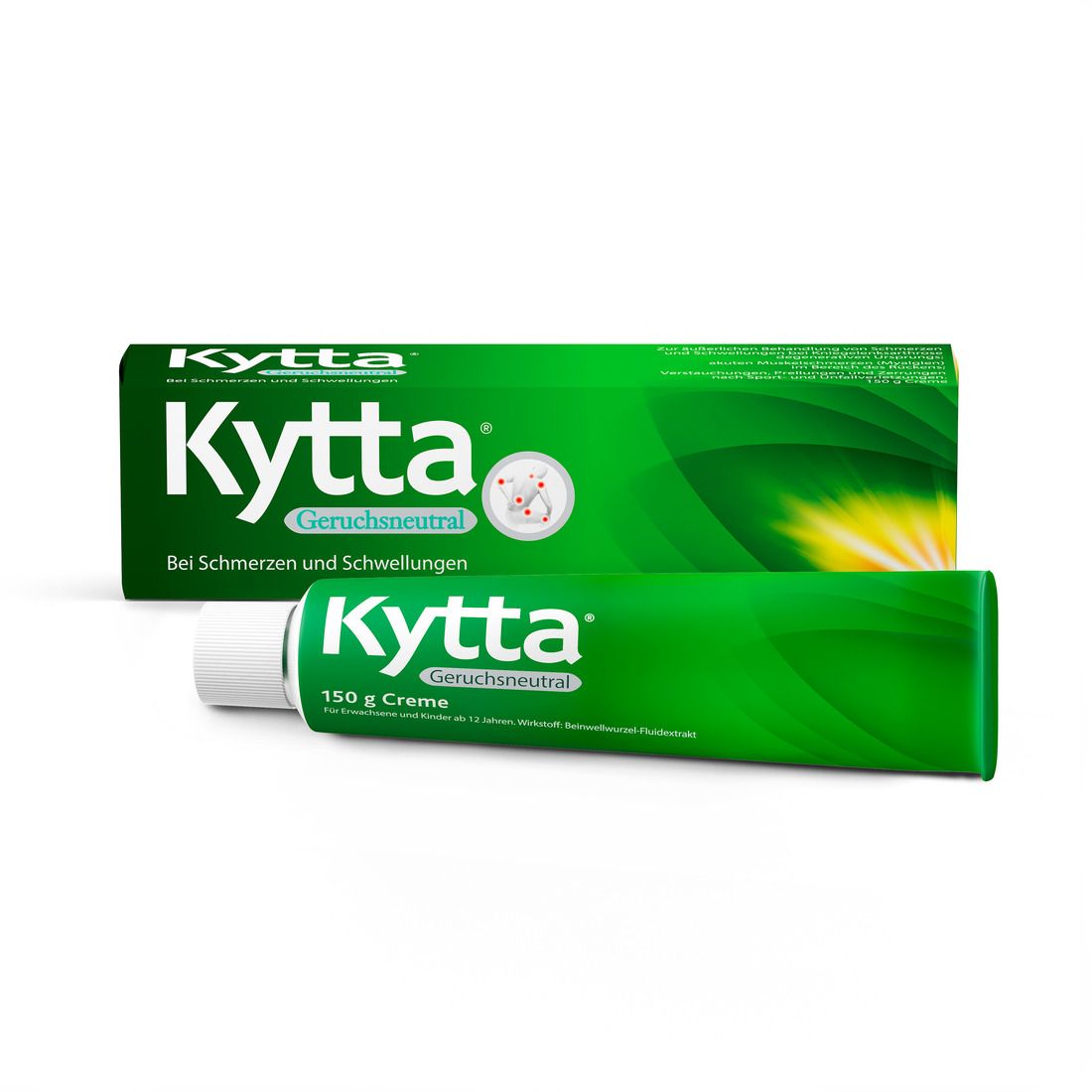 Grüne Tube und Schachtel. Aufschrift: Kytta Geruchsneutral. Bei Schmerzen und Schwellungen.