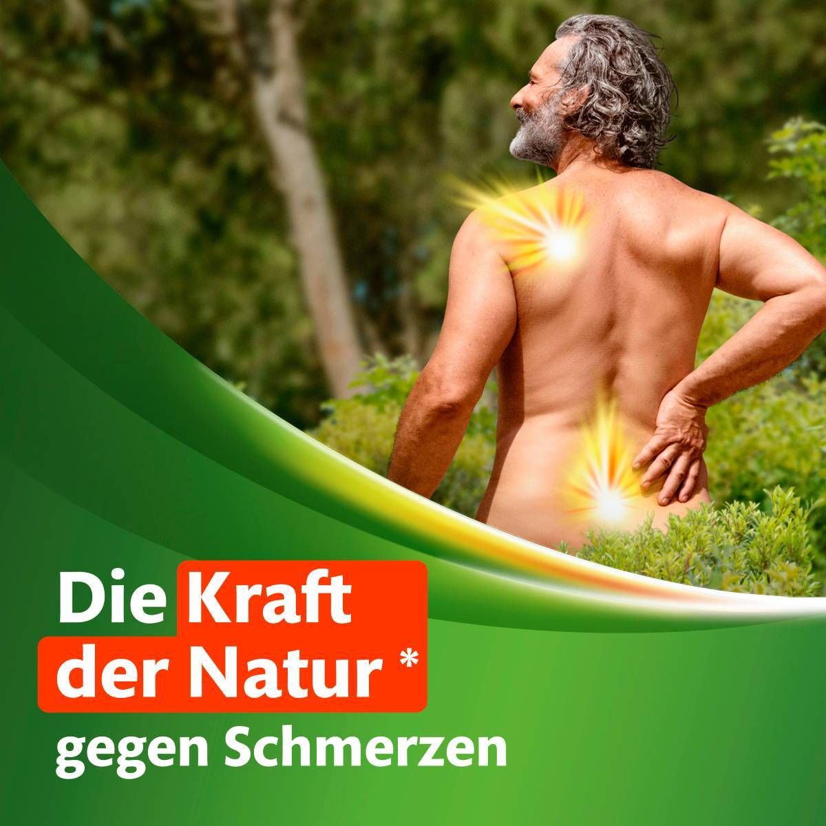 Mann mit Rücken. Text: Die Kraft der Natur gegen Schmerzen.