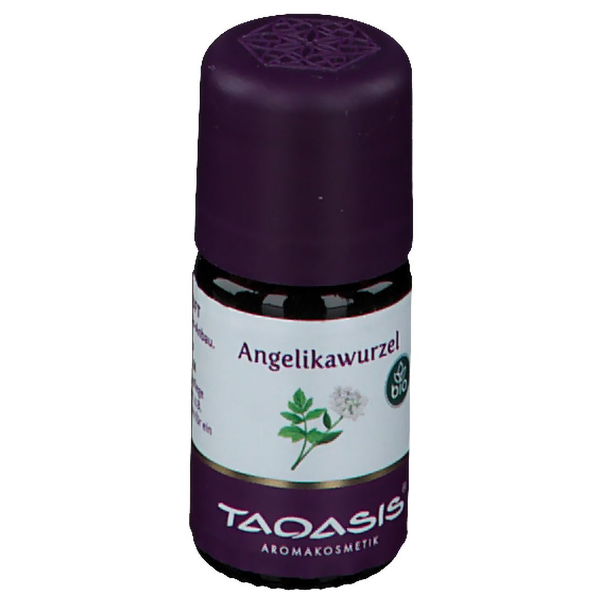 Braune Glasflasche mit lila Verschluss. Etikett mit "Angelikawurzel" und Logo. Bio-Siegel.