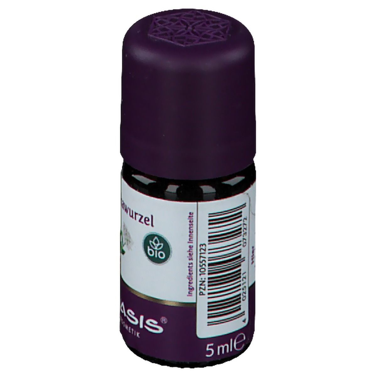 Braune Glasflasche mit lila Verschluss. Etikett mit "Angelikawurzel", Bio-Siegel und 5ml.