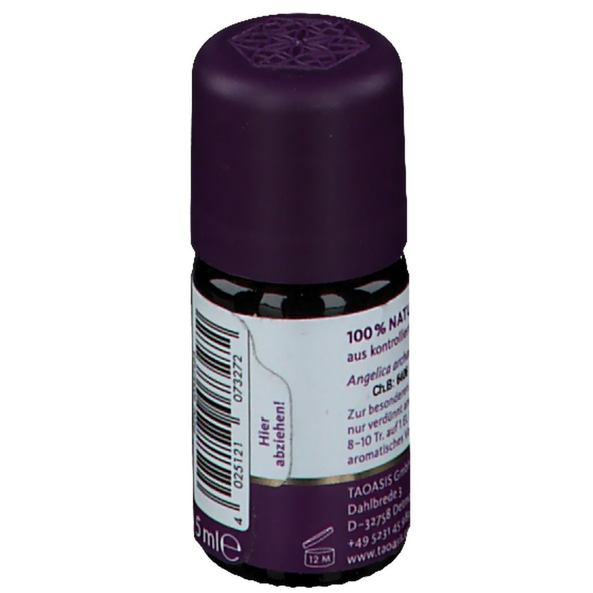 Braune Glasflasche mit lila Verschluss. Etikett mit Barcode und Text. Aufschrift "5 ml".