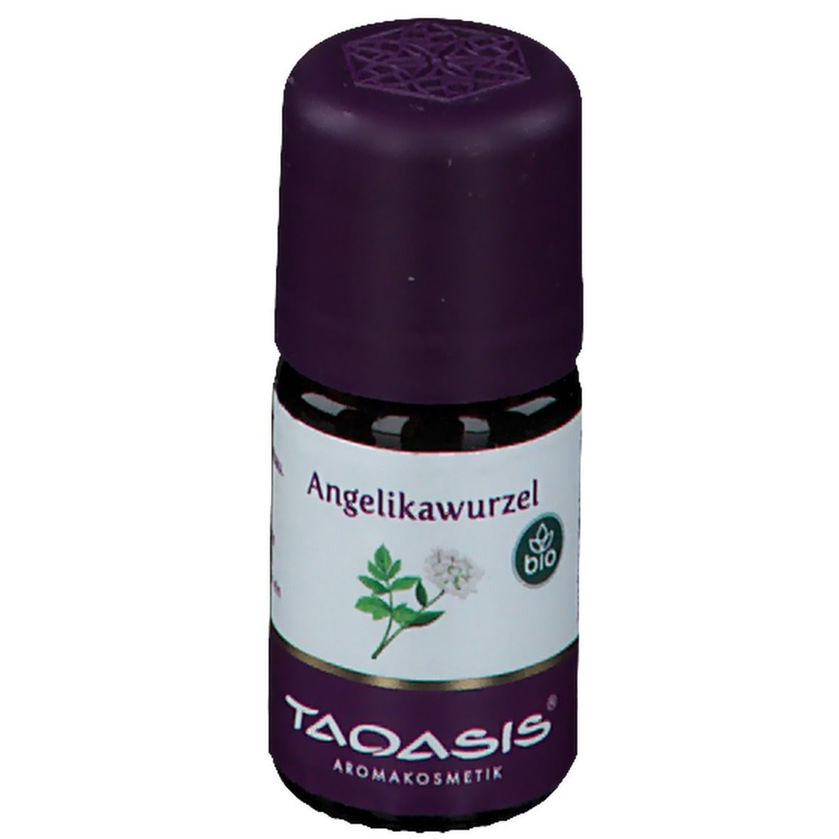 Braune Glasflasche mit lila Verschluss. Etikett mit "Angelikawurzel" und Logo. Bio-Siegel.