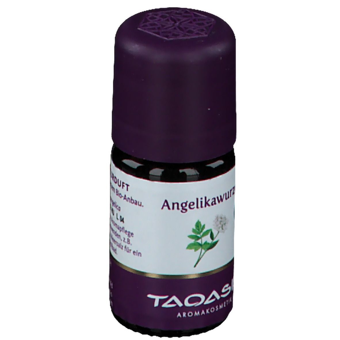 Braune Glasflasche mit lila Verschluss. Etikett mit "Angelikawurzel" und Logo. Bio-Siegel.