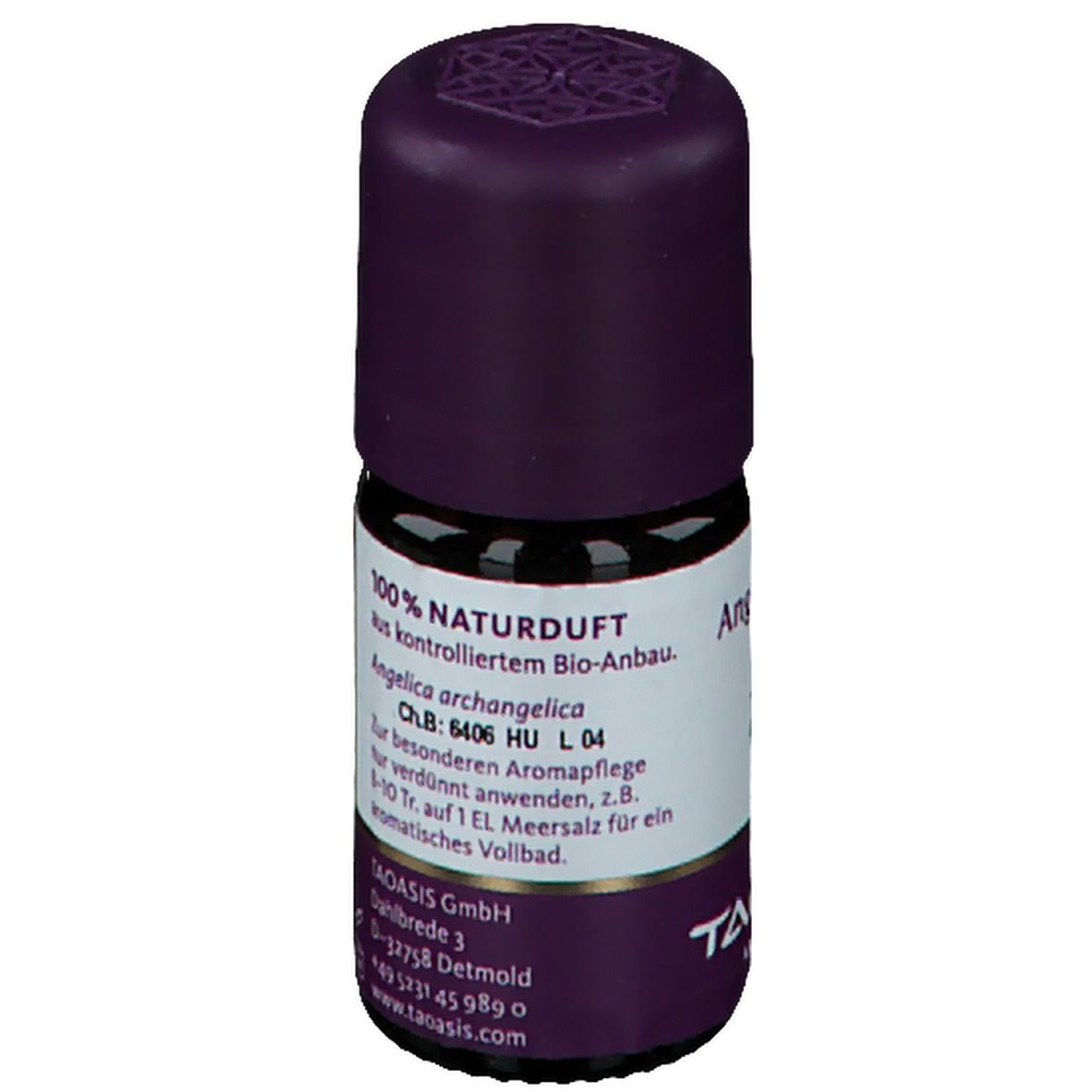 Braune Glasflasche mit lila Verschluss. Etikett mit Text und Logo. Aufschrift "100% Naturduft".
