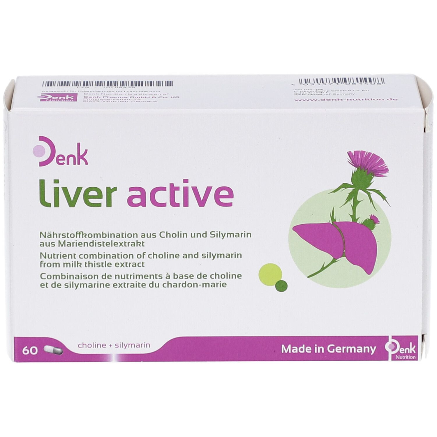 Schachtel "Liver active" mit 60 Kapseln. Aufdruck: Cholin + Silymarin. Mit Mariendistel-Illustration. Hergestellt in Deutschland.